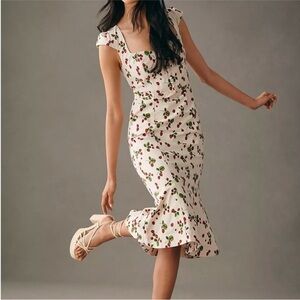 Anthropologie Cream and Red Cherry Midi Dress